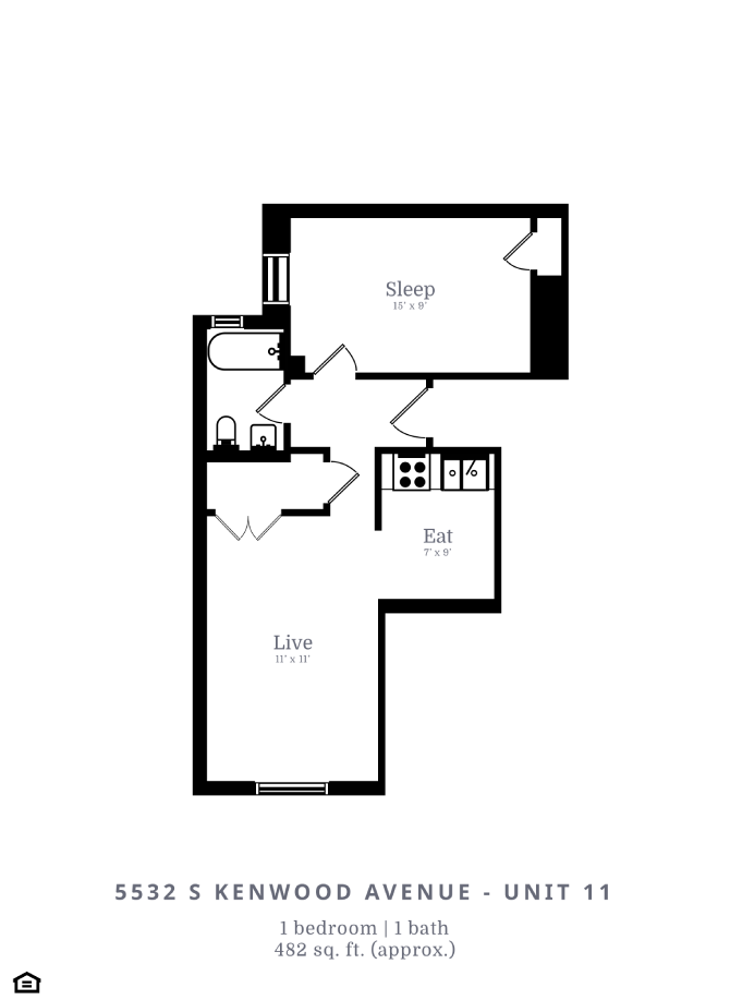 Floor plan for 1 bed, 1 bath, 492 sqft